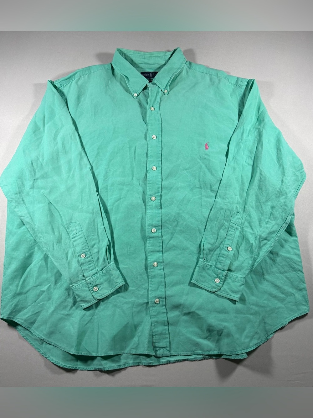 Ralph Lauren Mint Green Button-Down Shirt with Pink Polo Logo